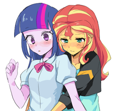 Size: 377x347 | Tagged: artist needed, source needed, safe, sunset shimmer, twilight sparkle, equestria girls, anime, blushing, clothes, cute, female, hug, jacket, leather jacket, lesbian, shimmerbetes, shipping, sunsetsparkle, twiabetes