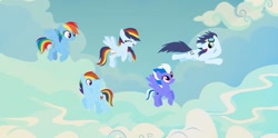 Size: 1269x629 | Tagged: safe, artist:wispyaxolotl, derpibooru import, rainbow dash, soarin', oc, oc:cloud racer, oc:lightning strike, oc:skye painter, pegasus, pony, alternate hairstyle, base used, family, female, flying, goggles, male, mare, offspring, parent:rainbow dash, parent:soarin', parents:soarindash, shipping, short hair, soarindash, stallion, straight