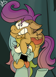 Size: 688x946 | Tagged: safe, artist:chrissie-boo, derpibooru import, rainbow dash, scootaloo, pegasus, pony, campfire tales, duo, eyebrows visible through hair, female, filly, floppy ears, mare, open mouth, scared, scene interpretation, tongue out