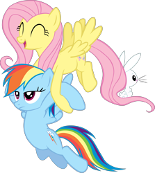 Size: 5129x5762 | Tagged: safe, artist:scrimpeh, derpibooru import, angel bunny, fluttershy, rainbow dash, pegasus, pony, may the best pet win, absurd resolution, carrying, cute, female, flying, holding a pony, rabbits riding ponies, smiling, unamused