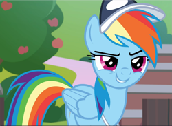 Size: 1283x940 | Tagged: safe, derpibooru import, screencap, rainbow dash, pegasus, pony, 2 4 6 greaaat, coach rainbow dash, cropped, determined, female, grin, hat, lidded eyes, mare, smiling, smirk, solo