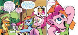 Size: 1000x458 | Tagged: safe, artist:andypriceart, derpibooru import, edit, idw, apple bloom, applejack, pinkie pie, rainbow dash, sweetie belle, earth pony, pegasus, pony, applepie, comic, female, lesbian, shipping, text edit