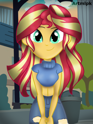 Size: 1536x2048 | Tagged: safe, artist:artmlpk, sunset shimmer, equestria girls, adorable face, adorkable, blushing, city, cityscape, clothes, cute, denim, digital art, dork, jeans, looking at you, pants, shimmerbetes, smiling, smiling at you, solo, sweater, turtleneck