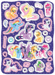 Size: 996x1356 | Tagged: safe, derpibooru import, applejack, fluttershy, pinkie pie, rainbow dash, rarity, spike, twilight sparkle, twilight sparkle (alicorn), alicorn, dragon, earth pony, pegasus, pony, unicorn, my little pony: the movie, accessories, cutie mark, female, good, mane seven, mane six, mare, quadrupedal spike, smiling, stars, sticker, wings