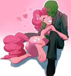 Size: 809x857 | Tagged: dead source, safe, artist:maarthul, pinkie pie, oc, oc:anon, earth pony, human, pony, cheek fluff, cute, diapinkes, dock, duo, ear fluff, female, gradient background, heart, hug, leg fluff, male, mare, underhoof