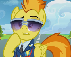 Size: 489x393 | Tagged: safe, derpibooru import, screencap, spitfire, pegasus, pony, top bolt, clothes, cropped, female, mare, solo, sunglasses, uniform, wonderbolts dress uniform