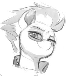 Size: 1206x1387 | Tagged: safe, artist:dimfann, derpibooru import, spitfire, pegasus, pony, bust, grayscale, lidded eyes, looking at you, looking down, looking sideways, monochrome, portrait, simple background, sketch, smiling, solo, sunglasses, white background