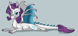 Size: 2000x940 | Tagged: safe, artist:cobracookies, rarity, dragon, claws, cutie mark, dragoness, dragonified, female, gray background, horn, looking at you, prone, raridragon, scales, simple background, solo, species swap, wings