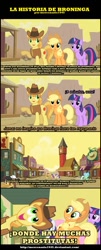 Size: 485x1197 | Tagged: safe, edit, edited screencap, screencap, applejack, braeburn, fluttershy, rarity, twilight sparkle, earth pony, pegasus, pony, unicorn, over a barrel, appleloosa, comic, poringa, screencap comic, spanish, taringa, the simpsons