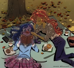 Size: 1024x939 | Tagged: safe, alternate version, artist:5mmumm5, sci-twi, sunset shimmer, twilight sparkle, equestria girls, anime, autumn, book, clothes, coffee cup, cup, cute, donut, female, food, glasses, leaves, lesbian, pants, phone, plaid, plaid skirt, pleated skirt, scitwishimmer, shipping, skirt, sunsetsparkle, tree