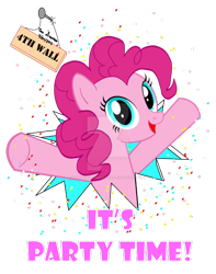 Size: 800x1013 | Tagged: safe, artist:wolfram-and-hart, pinkie pie, earth pony, pony, confetti, fourth wall, party time, pink text, solo, watermark