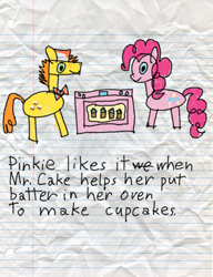 Size: 600x780 | Tagged: safe, artist:fonypan, artist:sweetie belle, carrot cake, pinkie pie, earth pony, pony, double entendre, drawing, implied infidelity, innocent, lined paper, oven, stylistic suck, sweetie's jurnal