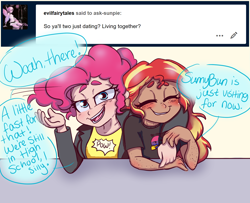 Size: 1600x1300 | Tagged: safe, artist:ask-sunpie, artist:wimsie, pinkie pie, sunset shimmer, human, ask, bisexual pride flag, cute, female, humanized, lesbian, shipping, sunsetpie, tumblr:ask sunpie