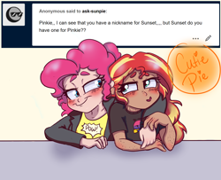 Size: 1600x1300 | Tagged: safe, artist:ask-sunpie, artist:wimsie, pinkie pie, sunset shimmer, human, bisexual pride flag, cute, female, humanized, lesbian, pride, pride flag, shipping, sunsetpie, tumblr:ask sunpie