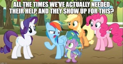 Size: 953x500 | Tagged: safe, derpibooru import, edit, edited screencap, screencap, applejack, pinkie pie, rainbow dash, rarity, spike, dragon, earth pony, pegasus, pony, unicorn, between dark and dawn, caption, cartoonito logo, image macro, meme, slime, text, winged spike