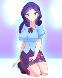 Size: 1601x2000 | Tagged: safe, artist:jonfawkes, rarity, human, breasts, clothes, clothes swap, cutie mark on clothes, equestria girls outfit, female, humanized, implied lesbian, implied rarilight, implied shipping, kneeling, raritits, smiling, solo