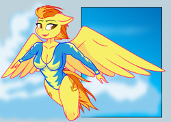 Size: 2601x1867 | Tagged: safe, artist:up1ter, derpibooru import, spitfire, anthro, pegasus, plantigrade anthro, breasts, cleavage, clothes, female, flying, leotard, mare, solo