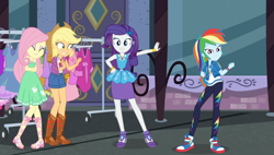 Size: 988x562 | Tagged: safe, derpibooru import, screencap, applejack, fluttershy, rainbow dash, rarity, better together, equestria girls, street chic, bare shoulders, clothes, converse, eyes closed, eyeshadow, freezing, makeup, pencil skirt, shivering, shoes, skirt, sleeveless, sneakers, window