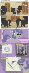 Size: 3300x8276 | Tagged: safe, artist:perfectblue97, princess celestia, slendermane, oc, oc:silver jubilee, alicorn, pony, comic:without magic, absurd resolution, comic, crying, missing ear, painting, pointy ponies