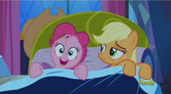 Size: 1280x707 | Tagged: safe, edit, screencap, applejack, pinkie pie, earth pony, pony, do princesses dream of magic sheep, not salmon, wat