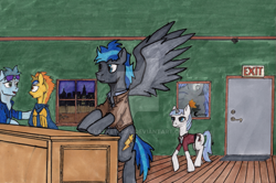 Size: 1023x681 | Tagged: safe, artist:casketches, derpibooru import, soarin', spitfire, oc, oc:avira penner, oc:cerulean aura, oc:skye stormryder, bat pony, pegasus, pony, unicorn, bar, bat pony oc, horn, night, traditional art, walking, wings