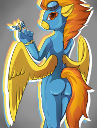 Size: 948x1250 | Tagged: safe, artist:himberreh, derpibooru import, spitfire, anthro, clothes, goggles, looking back, rear view, solo, uniform, wonderbolts uniform