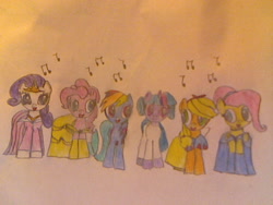 Size: 640x480 | Tagged: safe, artist:wandersong, derpibooru import, applejack, fluttershy, pinkie pie, rainbow dash, rarity, twilight sparkle, earth pony, pony, unicorn, ariel, beauty and the beast, belle, cinderella, clothes, cosplay, costume, crossover, disney, disney princess, mane six, music notes, princess aurora, princess leia, singing, sleeping beauty, snow white, snow white and the seven dwarfs, star wars, the little mermaid, traditional art