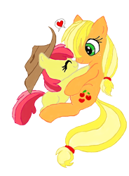 Size: 592x806 | Tagged: safe, artist:freefraq, apple bloom, applejack, earth pony, pony, cuddling, cute, heart, hug, nuzzling, snuggling