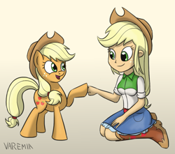 Size: 1029x910 | Tagged: safe, artist:varemia, applejack, equestria girls, boots, clothes, cowboy boots, cowboy hat, denim skirt, freckles, hat, hoofbump, human ponidox, kneeling, open mouth, shoes, signature, skirt, smiling, square crossover, stetson