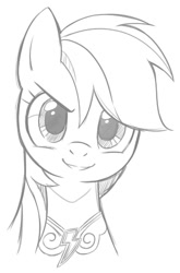 Size: 817x1240 | Tagged: safe, artist:nekoshiei, derpibooru import, seven seas, rainbow dash, pegasus, pony, my little pony: the manga, my little pony: the manga volume 1, spoiler:manga, spoiler:manga1, bust, cropped, element of loyalty, female, grayscale, looking at you, mare, monochrome, portrait, simple background, smiling, smirk, solo, white background