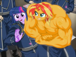 Size: 480x360 | Tagged: safe, edit, sunset shimmer, twilight sparkle, human, equestria girls, blushing, caption, clothes, crossover, flexing, fullmetal alchemist, genderless, multiple characters, muscles, muscular female, nervous, nippleless, partial nudity, pecs, photoshop, shitposting, text, topless, uniform