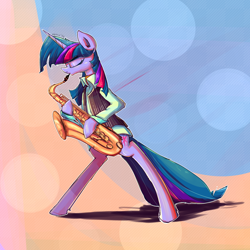 Size: 1400x1400 | Tagged: safe, artist:senx, derpibooru import, twilight sparkle, pony, bipedal, clothes, eyes closed, hoof hold, musical instrument, saxophone, solo