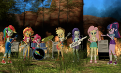 Size: 5120x3072 | Tagged: safe, artist:n3onh100, applejack, fluttershy, pinkie pie, rainbow dash, rarity, sci-twi, sunset shimmer, twilight sparkle, equestria girls, 3d, a day to remember, bass guitar, camp everfree outfits, drums, fire, gmod, guitar, humane five, humane seven, humane six, keytar, microphone, musical instrument, speakers, tambourine, the rainbooms, tree