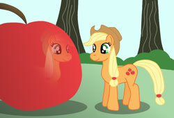 Size: 625x426 | Tagged: safe, artist:platinumdrop, applejack, earth pony, pony, apple, reflection, solo, that pony sure does love apples