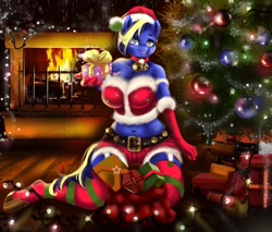 Size: 1280x1092 | Tagged: safe, artist:mdwines, anthro, earth pony, chimney, christmas, christmas lights, christmas tree, clothes, collar, commission, costume, fire, fireplace, gif, gift box, gift wrapped, hat, holiday, new year, party, present, santa costume, santa hat, stockings, thigh highs, tree, ych result