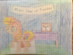 Size: 3264x2448 | Tagged: safe, artist:dupontsimon, sunset shimmer, fanfic:magic show of friendship, equestria girls, cardboard cutout, fanfic art, lined paper, title card, traditional art