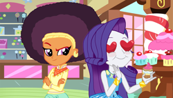 Size: 2250x1280 | Tagged: safe, artist:ktd1993, rarity, saffron masala, equestria girls, afro, cupcake, equestria girls-ified, female, food, heart eyes, lesbian, raffron, shipping, sugarcube corner, wingding eyes