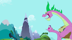 Size: 1279x718 | Tagged: safe, screencap, rarity, spike, dragon, pony, unicorn, secret of my excess, clothes, coils, dragon mountain, greed spike, hoard, mountain, peak, spikezilla