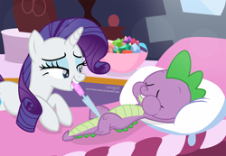 Size: 3228x2234 | Tagged: safe, artist:shutterflyeqd, rarity, spike, dragon, pony, unicorn, bedroom eyes, eyes closed, female, gem, male, misleading thumbnail, nail file, pillow, shipping, sparity, spike day, straight