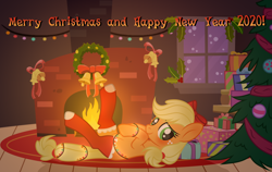 Size: 4790x3024 | Tagged: safe, artist:xxloro-uwu, applejack, earth pony, pony, bell, blushing, bobble, bow, christmas, christmas lights, christmas tree, christmas wreath, clothes, cute, female, fire, fireplace, freckles, hair bow, happy new year, happy new year 2020, holiday, holly, holly mistaken for mistletoe, jackabetes, looking at you, mare, missing cutie mark, present, raised hoof, raised leg, snow, socks, stockings, thigh highs, tree, window, wreath