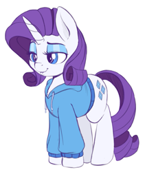 Size: 853x1011 | Tagged: safe, artist:spectre-z, rarity, pony, unicorn, chest fluff, clothes, colored sketch, cute, drawpile, eyeshadow, female, hoodie, lidded eyes, lip bite, mare, raised eyebrow, raribetes, simple background, sketch, solo, white background