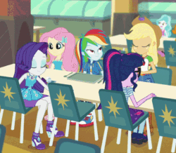 Size: 600x522 | Tagged: safe, screencap, applejack, fluttershy, pinkie pie, rainbow dash, rarity, sci-twi, sunset shimmer, twilight sparkle, better together, equestria girls, forgotten friendship, animated, cafeteria, camera pan, cropped, food, frustrated, humane five, humane seven, humane six, plate, pushing