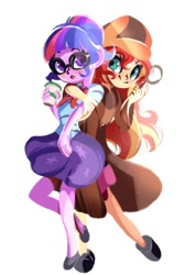 Size: 990x1388 | Tagged: safe, artist:tohupo, sci-twi, sunset shimmer, twilight sparkle, equestria girls, coffee cup, cup, detective, detective shimmer, duo, hat, simple background, white background