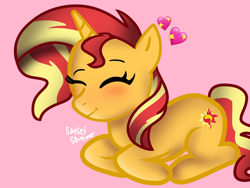 Size: 2048x1536 | Tagged: artist needed, safe, sunset shimmer, pony, unicorn, cute, eyes closed, female, heart, mare, pink background, prone, shimmerbetes, simple background, solo