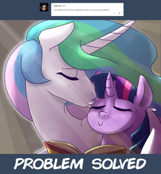 Size: 1200x1300 | Tagged: safe, artist:rawrienstein, princess celestia, twilight sparkle, alicorn, pony, ask, book, eyes closed, female, forehead kiss, lesbian, mare, shipping, tumblr, twilestia, wing hold