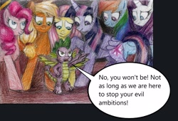 Size: 1914x1302 | Tagged: safe, artist:moonrises, derpibooru import, applejack, fluttershy, pinkie pie, rainbow dash, rarity, spike, twilight sparkle, twilight sparkle (alicorn), alicorn, dragon, earth pony, pegasus, pony, unicorn, comic:alternative ending, comic, female, implied grogar, male, mane seven, mane six, mare, pointing, traditional art, winged spike