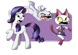 Size: 1024x724 | Tagged: safe, artist:pyropk, opalescence, rarity, cat, pony, unicorn, animal crossing, attack, clothes, crossover, cute, dress, female, olivia, scared