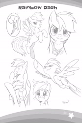 Size: 2107x3160 | Tagged: safe, derpibooru import, seven seas, rainbow dash, pegasus, pony, my little pony: the manga, my little pony: the manga volume 1, spoiler:manga, spoiler:manga1, cute, cutie mark, dashabetes, element of loyalty, flying, lineart, looking at you, monochrome, sketch gallery, squee, underhoof