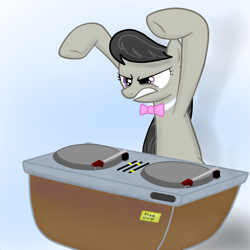 Size: 1024x1024 | Tagged: safe, artist:higglederp, octavia melody, earth pony, pony, black mane, female, gray coat, mare, solo, turntable, unhappy