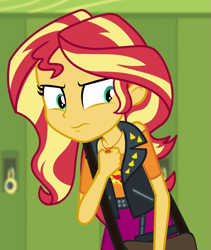 Size: 767x908 | Tagged: safe, screencap, sunset shimmer, better together, equestria girls, forgotten friendship, canterlot high, cropped, female, hallway, lockers, solo